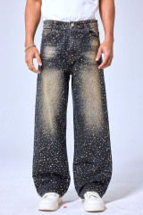 OEM Custom Logo Rhinestone Studded Baggy Jeans - Vintage Black Wash Wide Leg Denim Pants