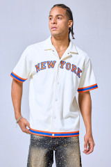 OEM Custom NEW YORK Chenille Embroidered Baseball Shirt - Retro Streetwear Short Sleeve Button-Up