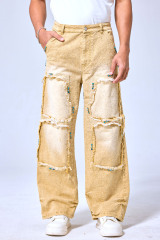 OEM Custom Turquoise Studded Patchwork Baggy Jeans - Vintage Sand Wash Wide Leg Streetwear Denim Pants