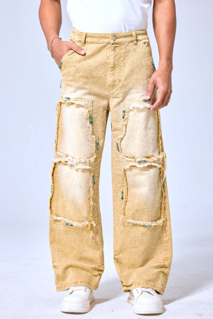 OEM Custom Turquoise Studded Patchwork Baggy Jeans - Vintage Sand Wash Wide Leg Streetwear Denim Pants
