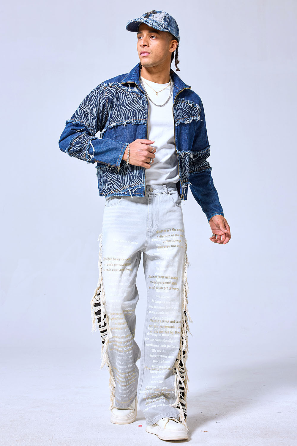 OEM Custom Zebra Print Patchwork Denim Jacket - Distressed Raw Edge Streetwear Zip-Up Coat