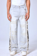 OEM Custom Embroidered Poem Baggy Jeans - Light Wash Fringe Side Stripe Streetwear Denim Pants