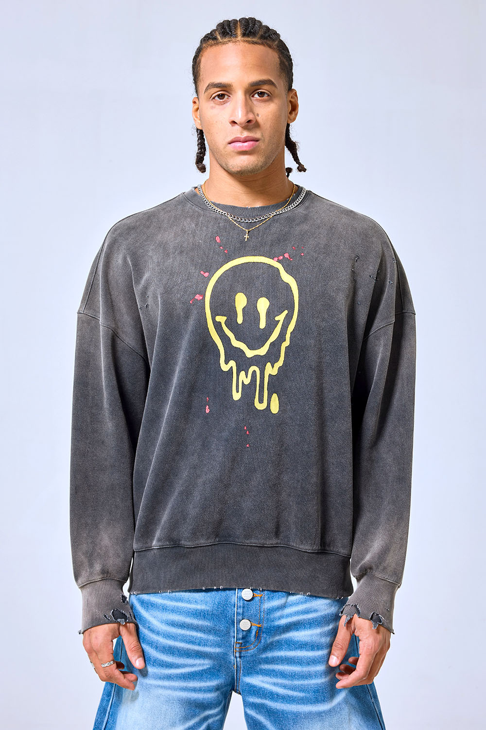OEM Custom Melting Smiley Distressed Crewneck Sweatshirt - Vintage Washed Black Streetwear Pullover