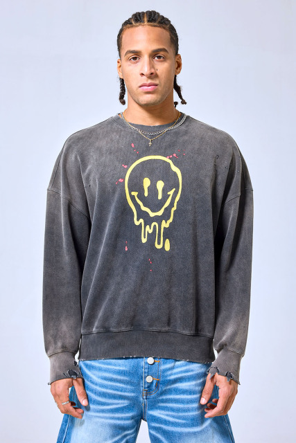 OEM Custom Melting Smiley Distressed Crewneck Sweatshirt - Vintage Washed Black Streetwear Pullover