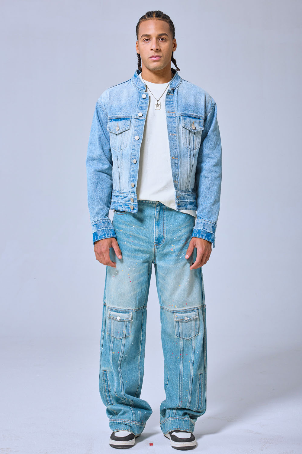 OEM Custom Logo Vintage Light Wash Stand Collar Denim Jacket - Cropped Boxy Streetwear Trucker Jacket