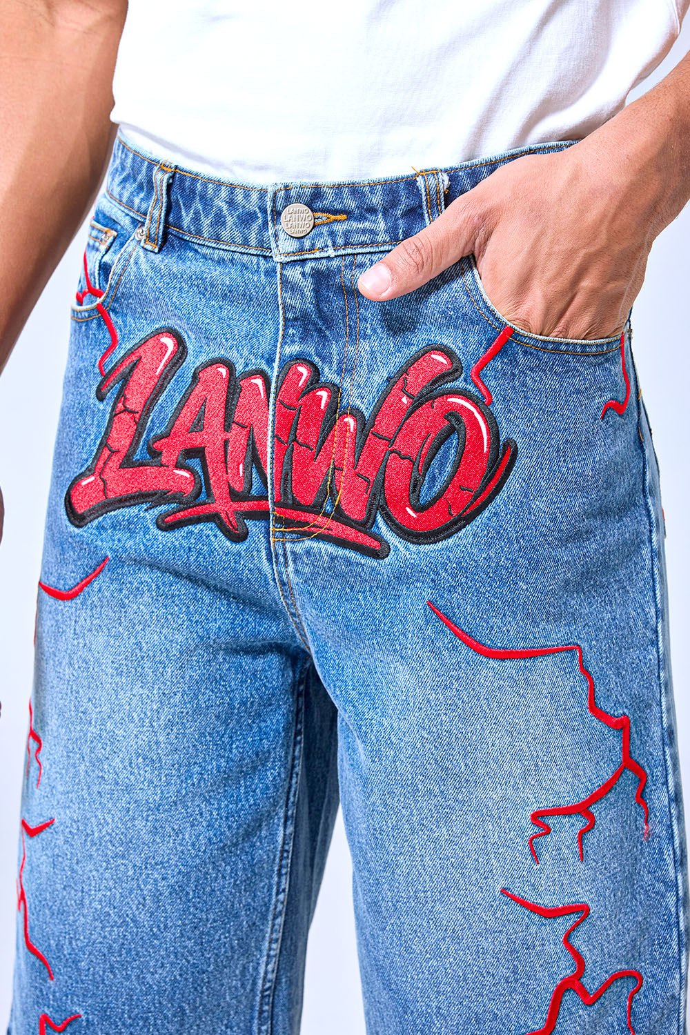 OEM Custom Logo Vintage Light Wash Graffiti Lightning Denim Shorts - Baggy Streetwear Jorts With LANWO Graphic