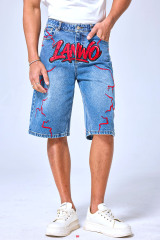 OEM Custom Logo Vintage Light Wash Graffiti Lightning Denim Shorts - Baggy Streetwear Jorts With LANWO Graphic