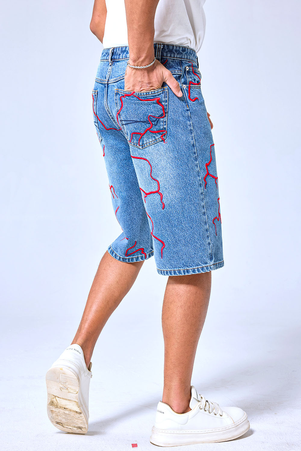OEM Custom Logo Vintage Light Wash Graffiti Lightning Denim Shorts - Baggy Streetwear Jorts With LANWO Graphic