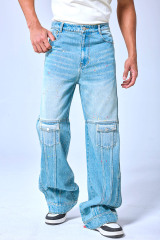 OEM Custom Logo Vintage Light Wash Paint Splatter Cargo Wide Leg Denim Pants Streetwear Baggy Jeans