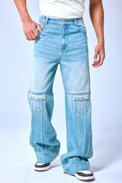 OEM Custom Logo Vintage Light Wash Paint Splatter Cargo Wide Leg Denim Pants Streetwear Baggy Jeans