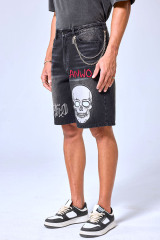 OEM Custom Logo Vintage Black Wash Skull Embroidery Denim Shorts | Gothic Baggy Streetwear Jorts