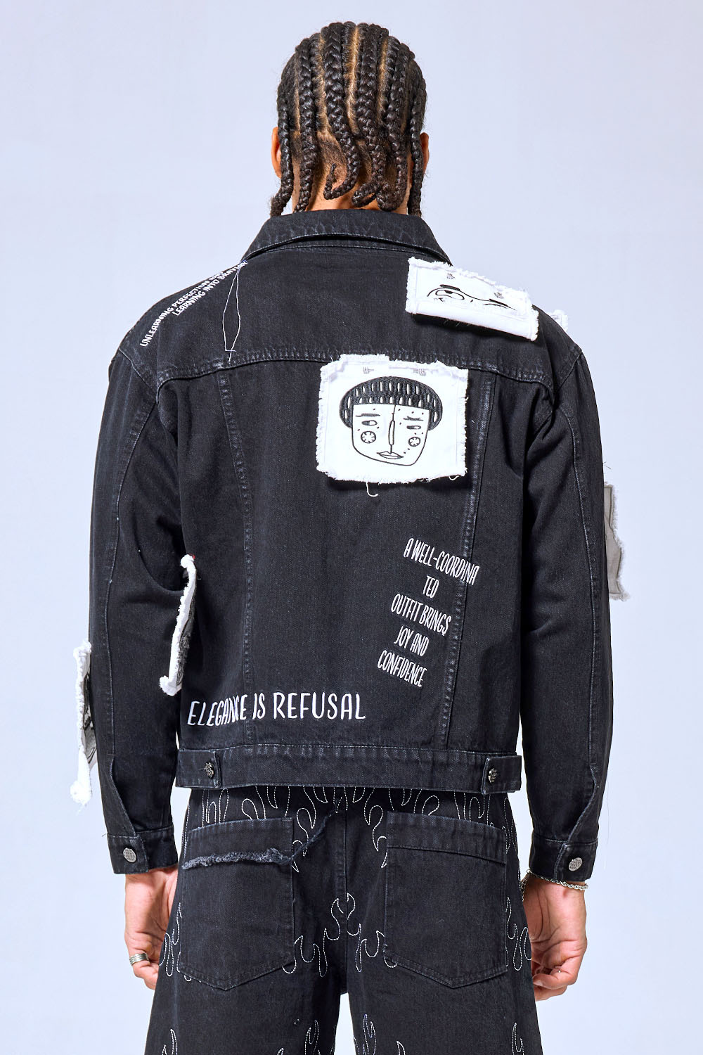 OEM Custom Logo Vintage Black Denim Jacket - Cartoon Patchwork Graffiti Streetwear Trucker Jacket