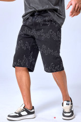 OEM Custom Logo Vintage Black Wash Flame Embroidery Denim Shorts - Baggy Streetwear Jorts