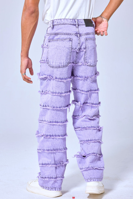 OEM Custom Logo Purple Acid Wash Stacked Fringe Denim Pants - Baggy Distressed Streetwear Jeans