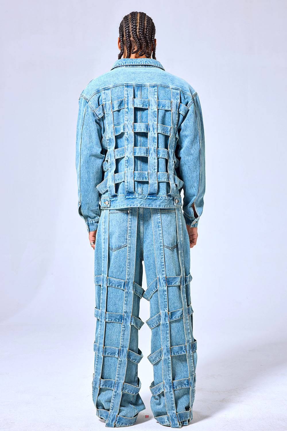 OEM Custom Logo Vintage Light Wash Cage Weave Denim Set - Oversized Streetwear Jacket & Baggy Pants Two-Piece