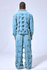OEM Custom Logo Vintage Light Wash Cage Weave Denim Set - Oversized Streetwear Jacket & Baggy Pants Two-Piece