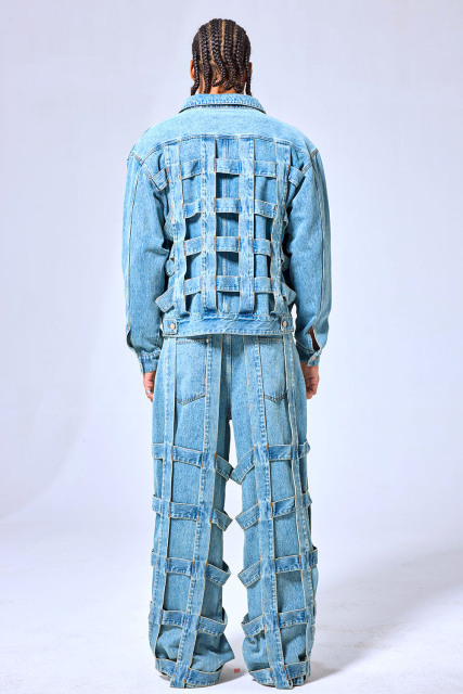OEM Custom Logo Vintage Light Wash Cage Weave Denim Set - Oversized Streetwear Jacket & Baggy Pants Two-Piece