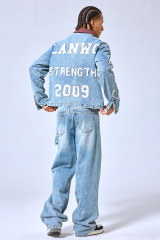 OEM Custom Logo Vintage Light Wash Patchwork Denim Set - 2009 Letterman Style Jacket & Baggy Pants Two-Piece Streetwear