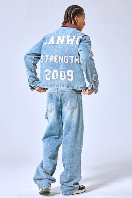 OEM Custom Logo Vintage Light Wash Patchwork Denim Set - 2009 Letterman Style Jacket & Baggy Pants Two-Piece Streetwear