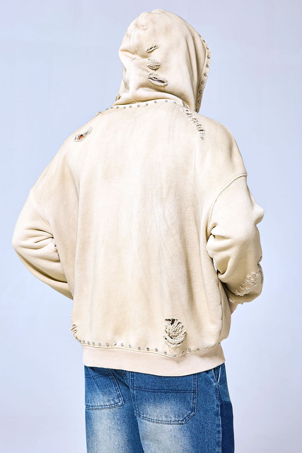 OEM Custom Logo Vintage Washed Beige Studded Zip-Up Hoodie - Distressed Street Art Gallery Oversized Hoodie