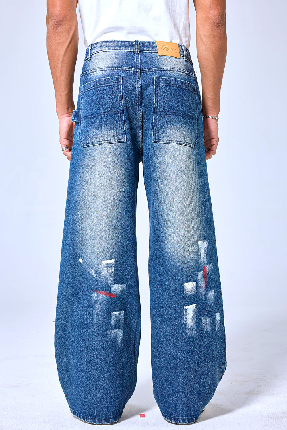 OEM Custom Logo Vintage Blue Gradient Brushstroke Wide Leg Denim Pants - Baggy Streetwear Artistic Jeans