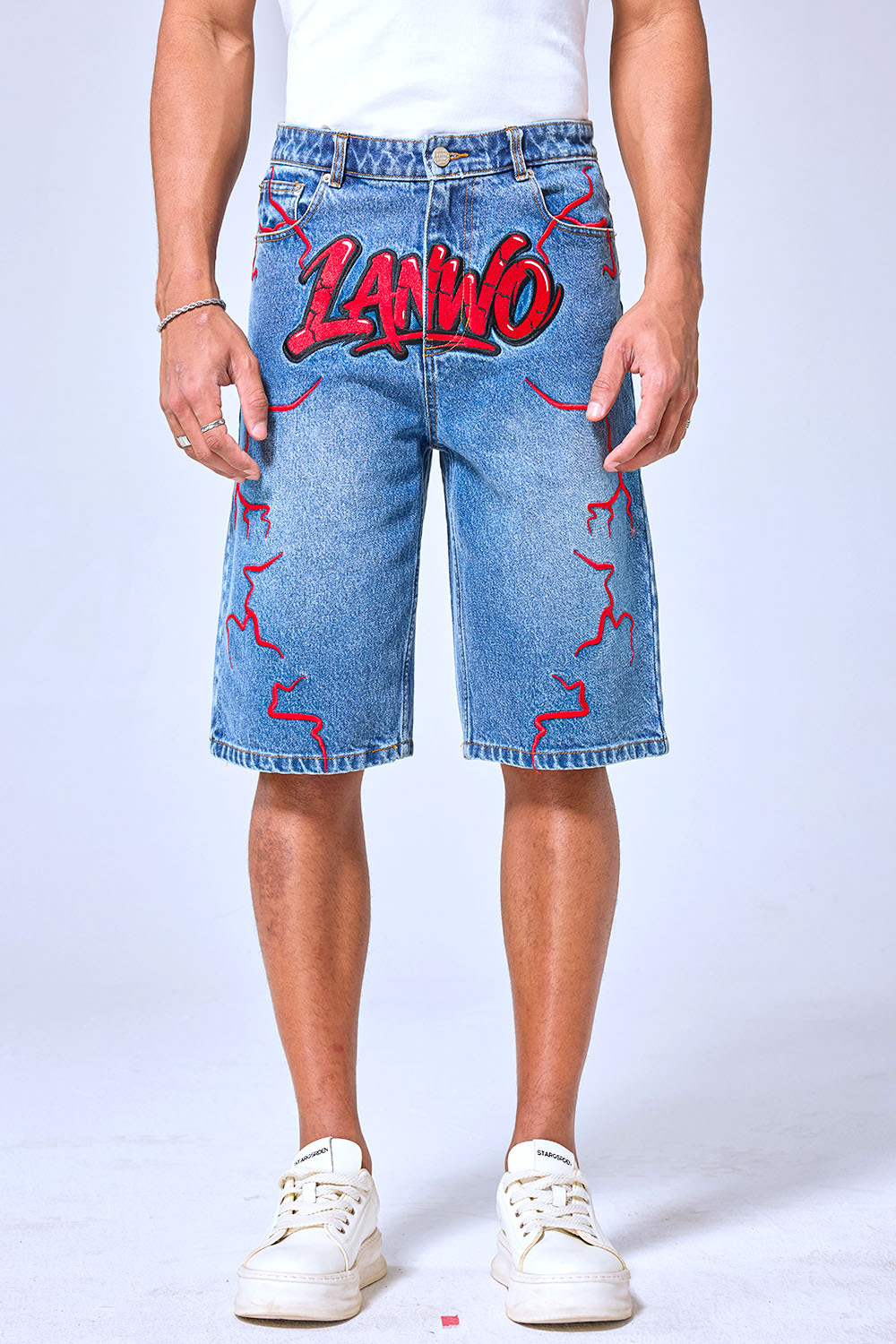 OEM Custom Logo Vintage Light Wash Graffiti Lightning Denim Shorts - Baggy Streetwear Jorts With LANWO Graphic