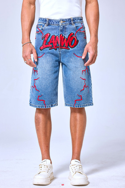 OEM Custom Logo Vintage Light Wash Graffiti Lightning Denim Shorts - Baggy Streetwear Jorts With LANWO Graphic