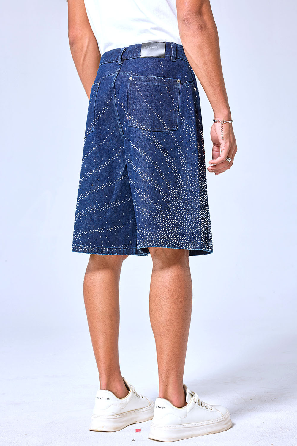 OEM Custom Logo Dark Wash Rhinestone Starburst Denim Shorts - Baggy Sparkly Streetwear Jorts