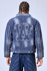 OEM Custom Logo Vintage Washed Blue Rhinestone Denim Jacket - Distressed Y2K Streetwear Studded Trucker Jacket