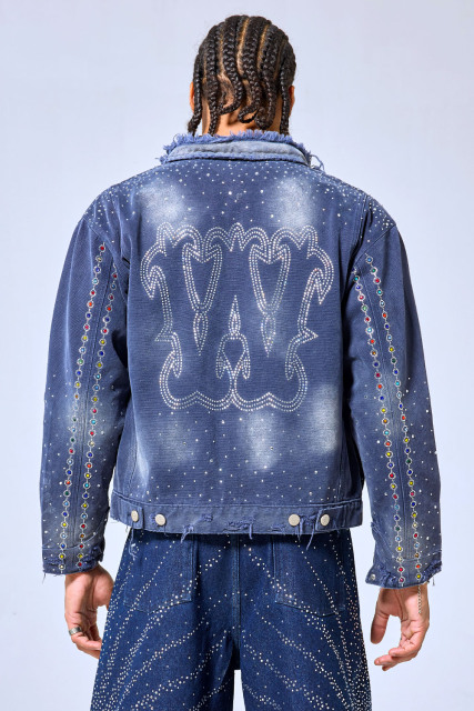 OEM Custom Logo Vintage Washed Blue Rhinestone Denim Jacket - Distressed Y2K Streetwear Studded Trucker Jacket
