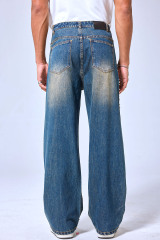 OEM Custom Logo Vintage Washed Pearl & Rhinestone Wide Leg Denim Pants - Baggy Streetwear Sparkly Jeans