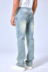 OEM Custom Logo Vintage Light Wash Green & White Rhinestone Stacked Flare Denim Pants - Streetwear Sparkly Jeans