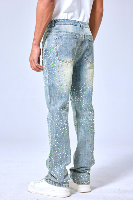 OEM Custom Logo Vintage Light Wash Green & White Rhinestone Stacked Flare Denim Pants - Streetwear Sparkly Jeans