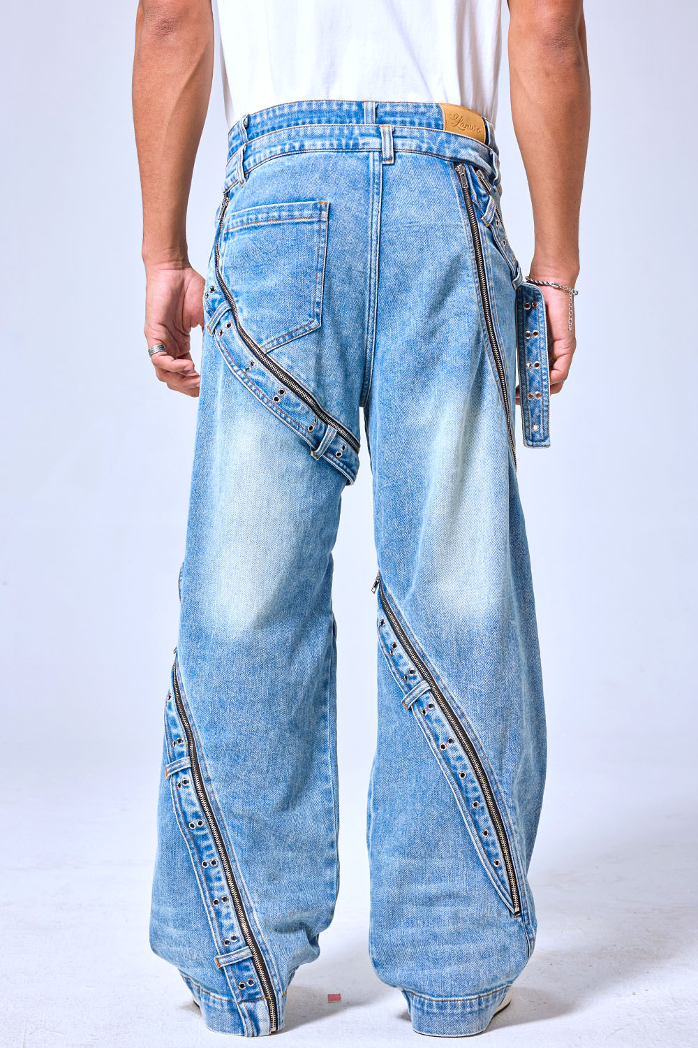 OEM Custom Logo Vintage Light Wash Multi-Zipper Wide Leg Denim Pants - Deconstructed Streetwear Baggy Jeans