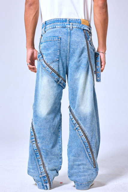 OEM Custom Logo Vintage Light Wash Multi-Zipper Wide Leg Denim Pants - Deconstructed Streetwear Baggy Jeans