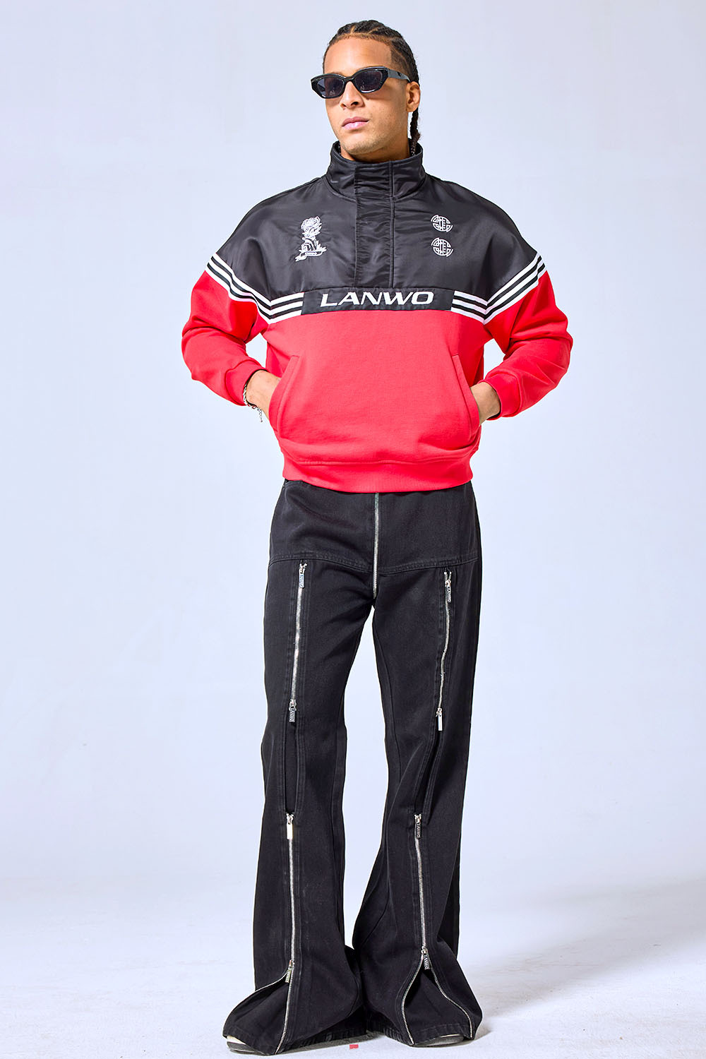 OEM Custom Logo Black & Red Retro LANWO Sport Anorak Pullover - Y2K Streetwear Half-Zip Track Jacket