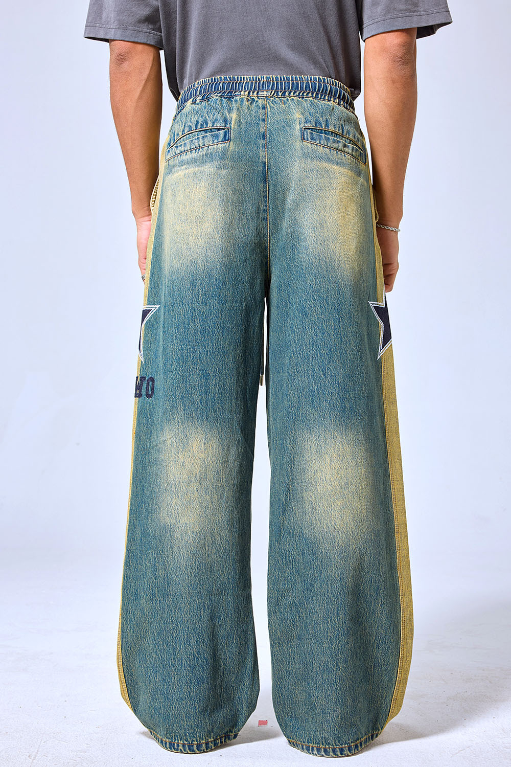 OEM Custom Logo Vintage Two-Tone Star Patch Elastic Waist Wide Leg Jeans - Streetwear Baggy Denim Pants