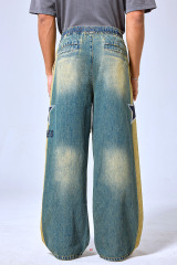 OEM Custom Logo Vintage Two-Tone Star Patch Elastic Waist Wide Leg Jeans - Streetwear Baggy Denim Pants