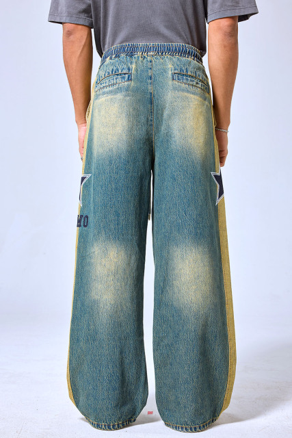 OEM Custom Logo Vintage Two-Tone Star Patch Elastic Waist Wide Leg Jeans - Streetwear Baggy Denim Pants