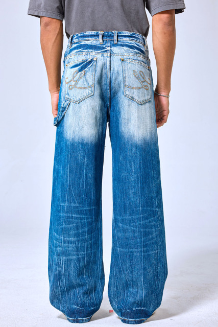 OEM Custom Logo Vintage Faded Blue Wide Leg Baggy Jeans - Streetwear Washed Denim Pants