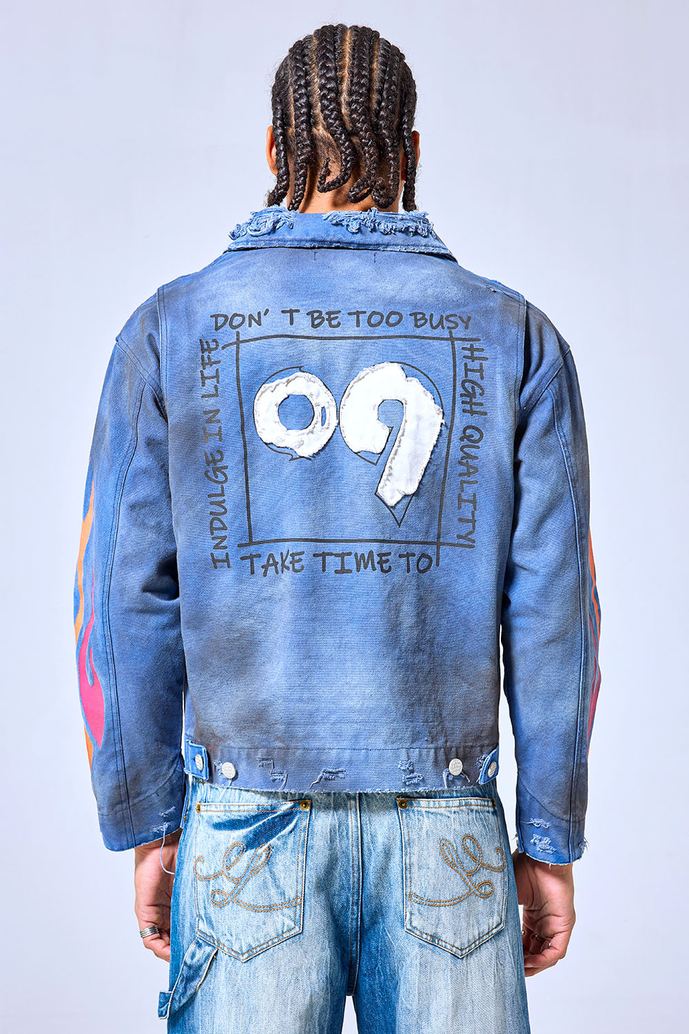 OEM Custom Logo Vintage Washed Blue Flame Print Denim Jacket - Distressed Y2K Streetwear Graphic Trucker Jacket