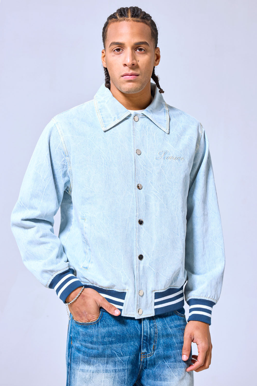 OEM Custom Logo Light Wash Denim Varsity Jacket - Casual Streetwear Embroidered Letterman Style Coat