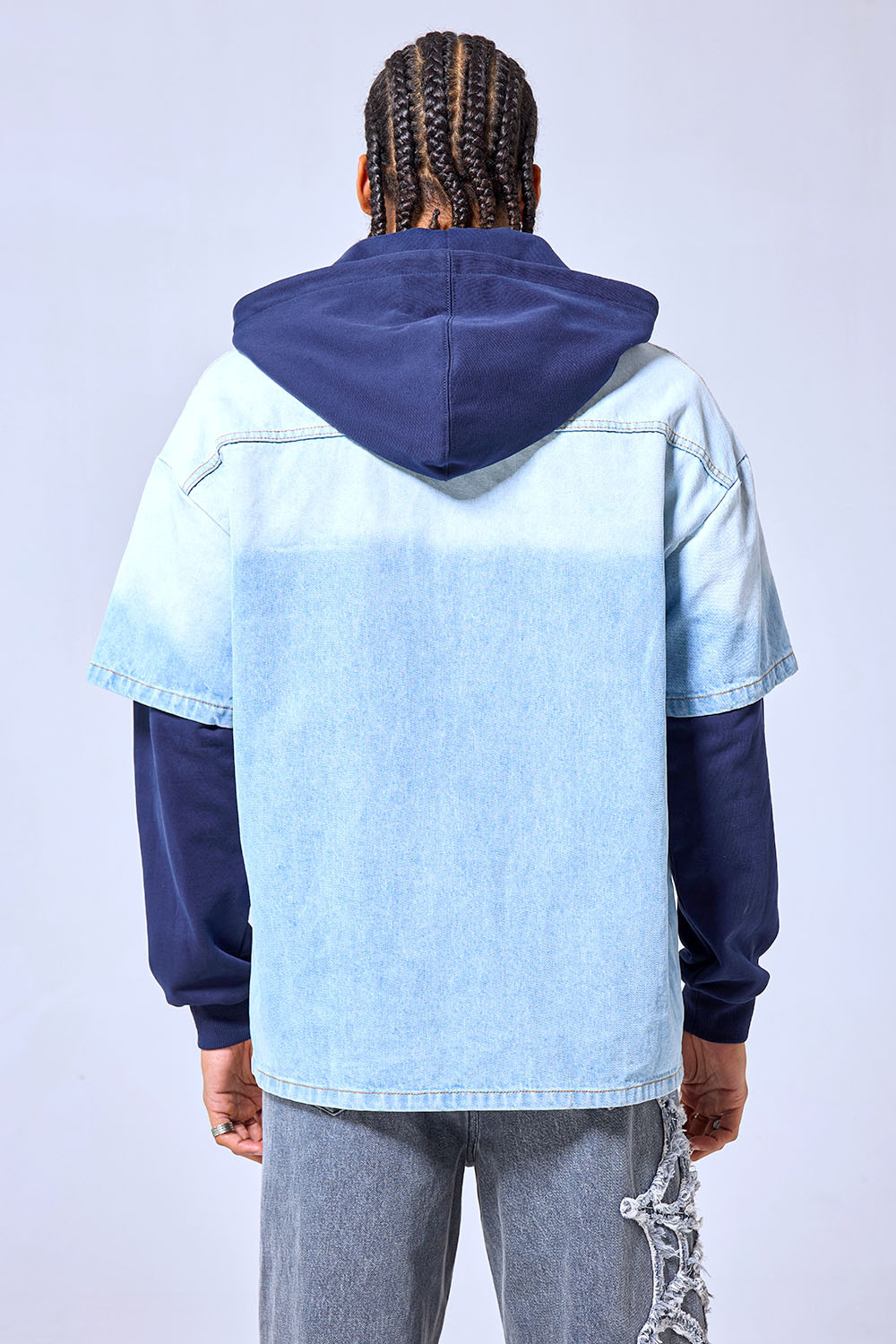OEM Custom Logo Two-Tone Denim Hoodie Jacket - Layered Streetwear Zip-Up Shirt