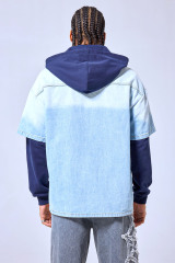 OEM Custom Logo Two-Tone Denim Hoodie Jacket - Layered Streetwear Zip-Up Shirt