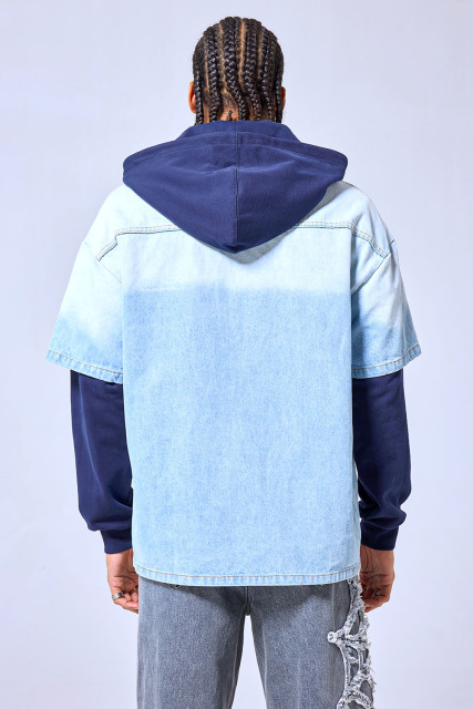 OEM Custom Logo Two-Tone Denim Hoodie Jacket - Layered Streetwear Zip-Up Shirt
