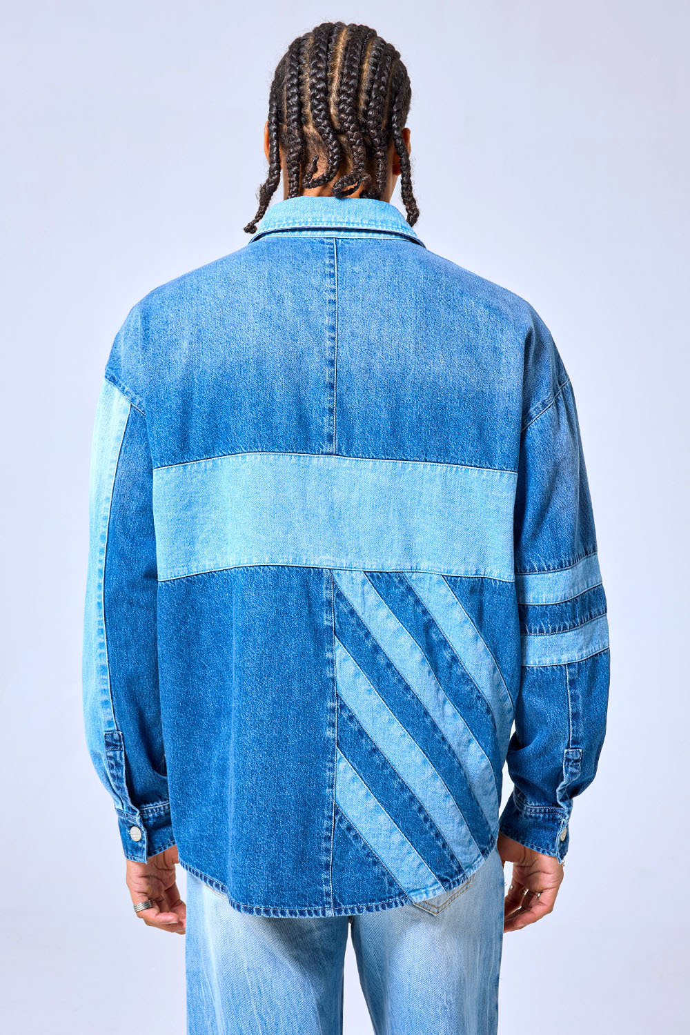 OEM Custom Logo Patchwork Denim Shirt Jacket - Color Block Streetwear Button-Up Shacket