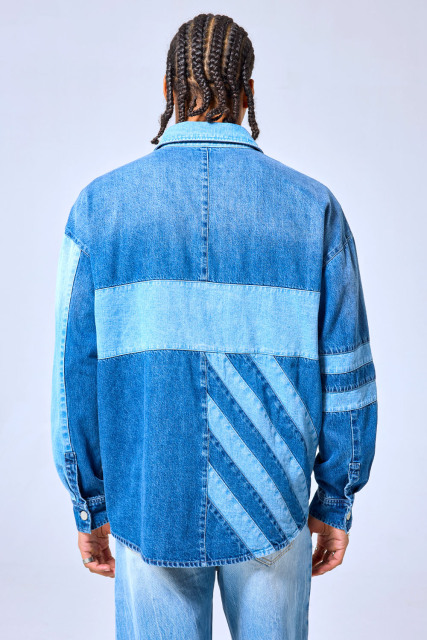 OEM Custom Logo Patchwork Denim Shirt Jacket - Color Block Streetwear Button-Up Shacket