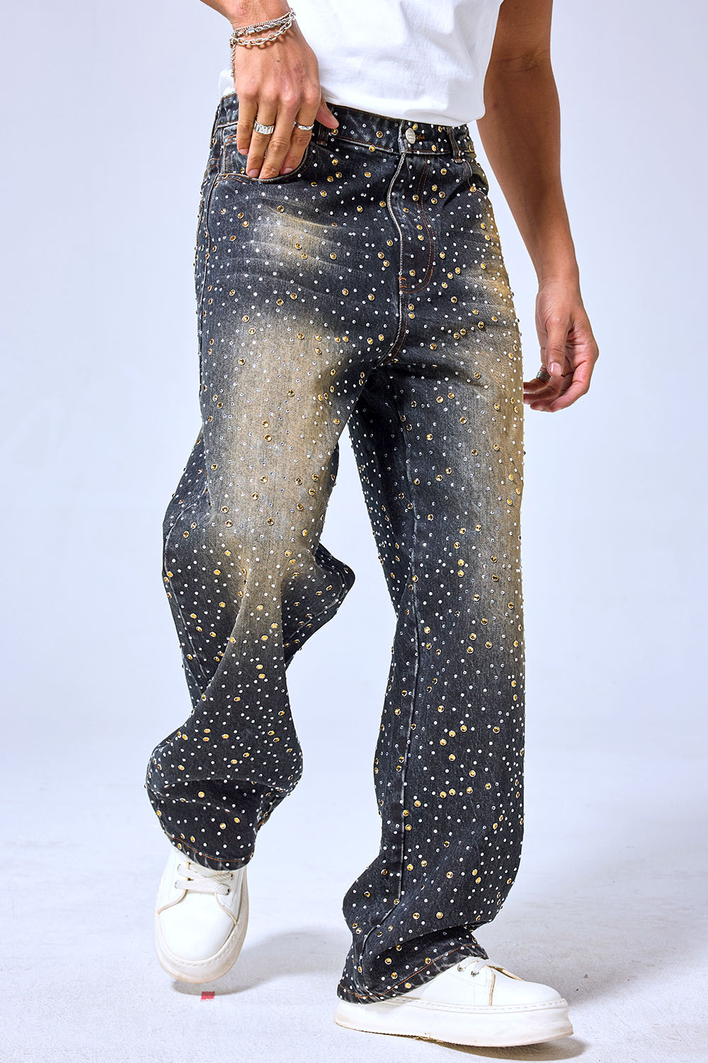 OEM Custom Logo Rhinestone Studded Baggy Jeans - Vintage Black Wash Wide Leg Denim Pants