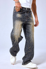 OEM Custom Logo Rhinestone Studded Baggy Jeans - Vintage Black Wash Wide Leg Denim Pants