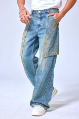 OEM Custom Floral Embroidered Baggy Jeans - Vintage Washed Blue Wide Leg Streetwear Denim Pants